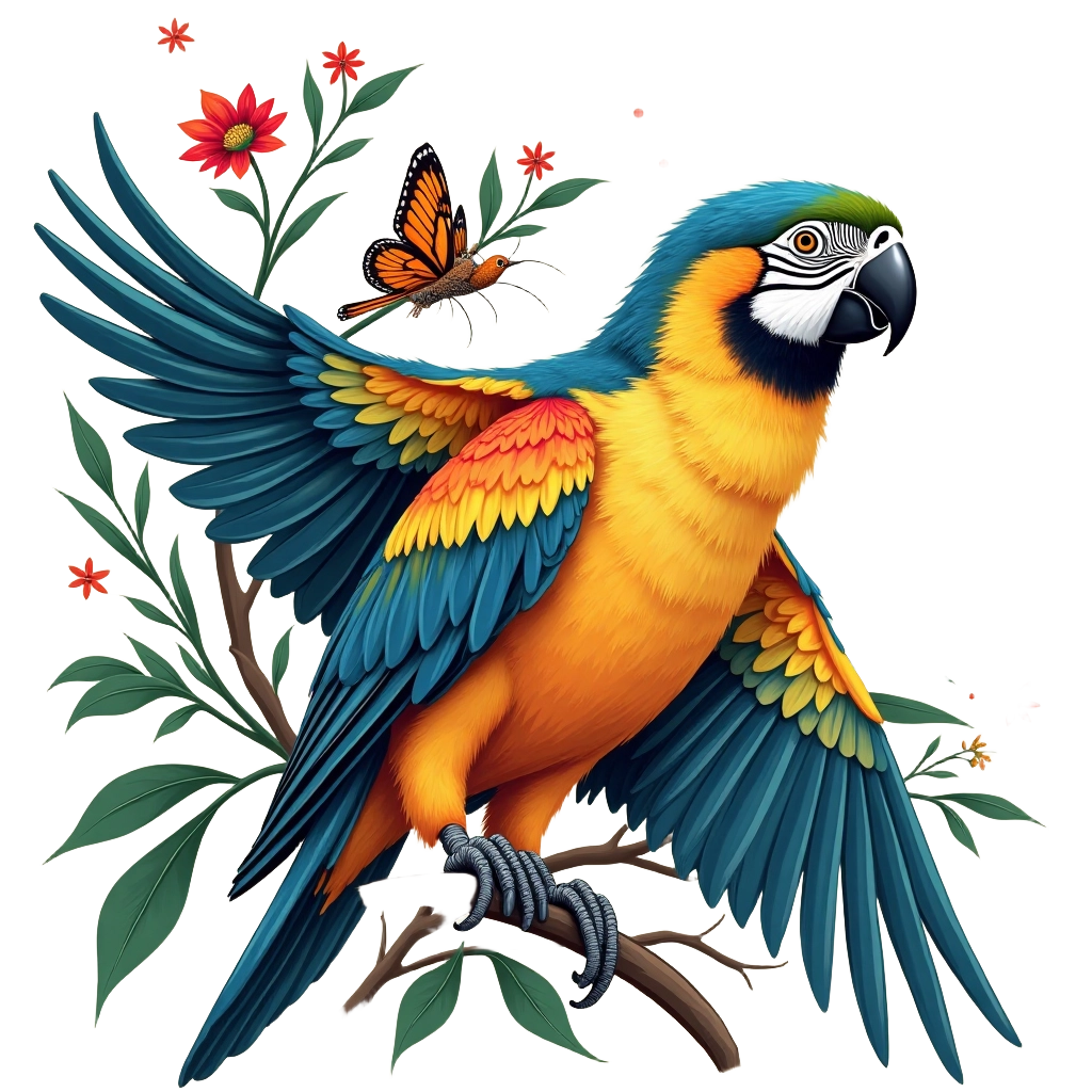 Tropical Parrot and Butterfly